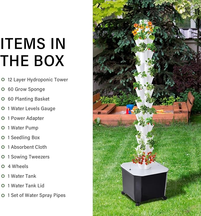 10 Layer Tower Garden Auto Water Circulate Hydroponics Tower Garden with 50L Water Tank Hydroponics Growing System Kit for Strawberries Basil Fruits Flowers