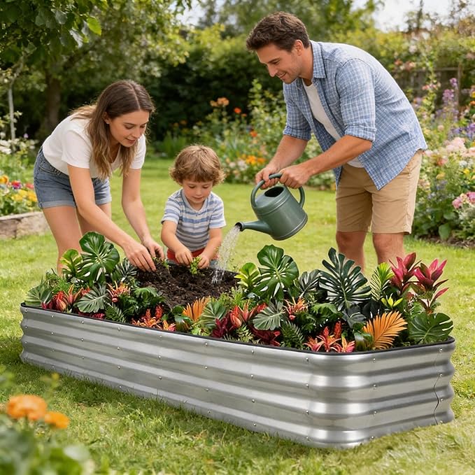 1MORE Raised Garden Bed -8X2X1 Galvanized Planter Box for Outdoor Gardening5 in 1 Modular Raised Bed Kit with Protective Tape Gloves for HerbIdeal for Vegetables and Plants.Sliver-2pack