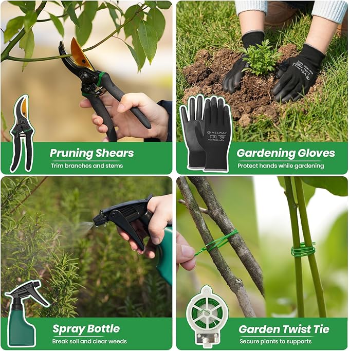 Velway Garden Tools Set -11-Piece Heavy Duty Hand Tool Kit with Ergonomic Handles Rust-Proof Carry Tote Bag – Gardening Gifts for Women &amp Men (Green)