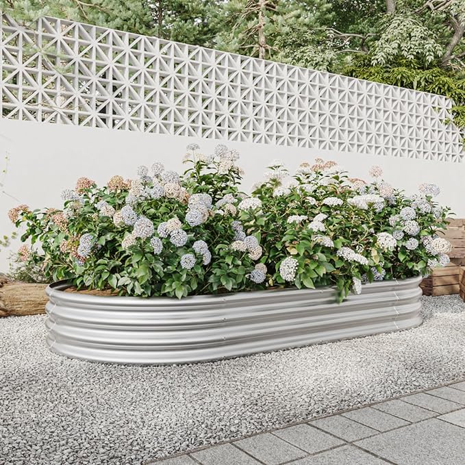 Outdoor Raised Garden Bed for Plants Vegetables and Flowers Oval Large Metal Raised Bed Kit Durable Galvanized Planter Boxes for Garden Backyard Easy Assembly (Silver 88.99x 44.68x11.42 in)