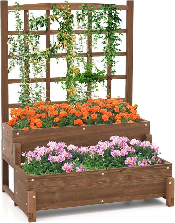 2-Tier Raised Garden Bed with Trellis Wooden Elevated Planter Box with Legs Hemp Rope &amp Drainage Holes Raised Plant Bed for Backyard Garden Lawn