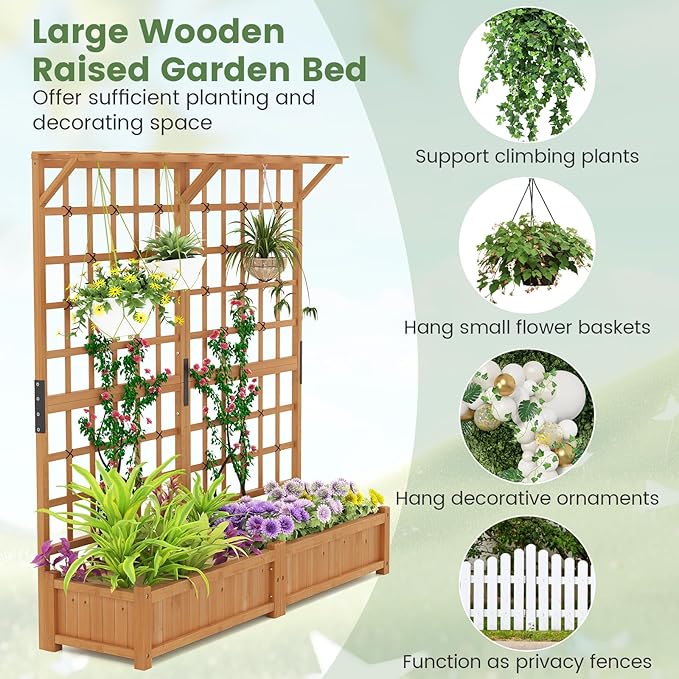 72 Raised Garden Bed with Lattice Trellis Hanging Roof &amp Drainage Holes Elevated Wooden Planter Box for Vine Climbing Plant Flower Herb &amp Vegetable