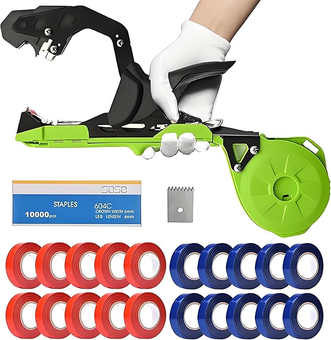 Upgrade Plant Tying Machine with Spare Parts Garden Tape and Staples for Quick Bundling of Tomatoes Grapes and Vegetables. Easy-to-Use Tool for SK5 Steel Blades