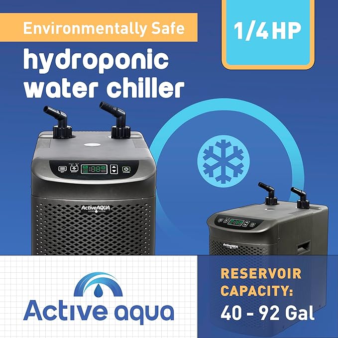 Active Aqua Hydroponic Water Chiller w/ Boost Function 0.25 HP - Adjustable Cooling System for 40-92 Gallon Reservoirs Pure Titanium Evaporator Cooler for Aquaponics Cold Plunge Baths &amp Aquariu