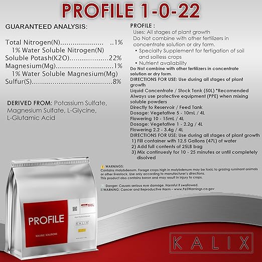 KALIX Profile 1-0-22 Bloom Finisher | High-Potassium Water-Soluble Fertilizer for Late-Stage Flowering &amp Ripening | Clean Plant Supplement for Soil Hydro &amp Drip Systems | 25lb