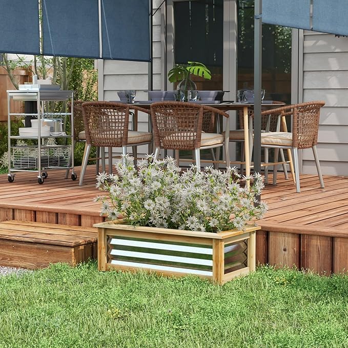 Raised Garden Bed Kit - Reinforced Metal &amp Wood Planter for Flowers Herbs &amp Vegetables