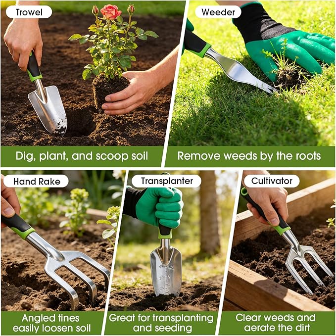 WOWBOX Garden Tools Set - 10 PCS Heavy Duty Gardening Hand Tools Kit with Storage Tote Rust-Resistant Gardening Supplies for Planting with Non-Slip Ergonomic Handle for Women and Men (Green)