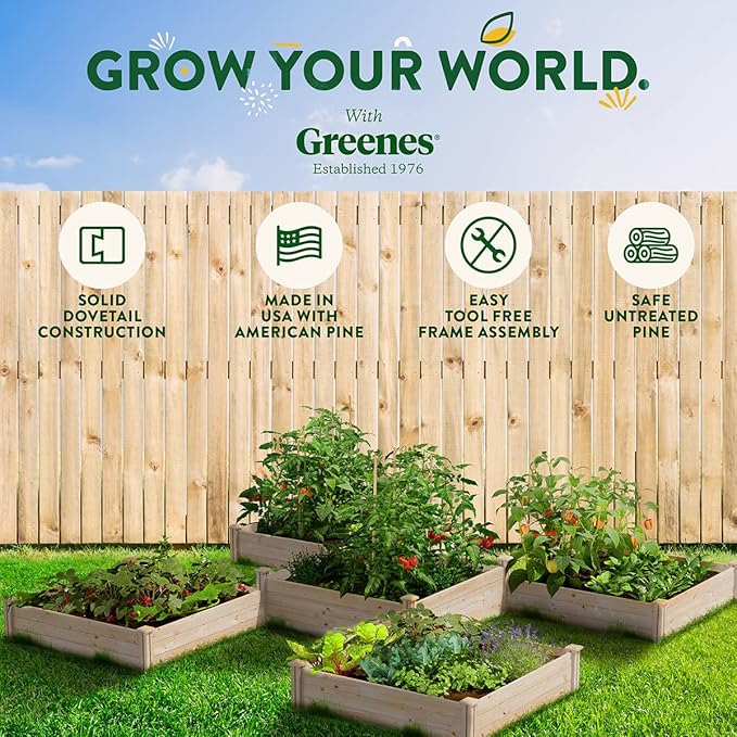 Greenes Fence Original Pine Raised Garden Bed 80 Sq. Ft. 12' x 12' x 10.5-14 - Made in USA with American Pine