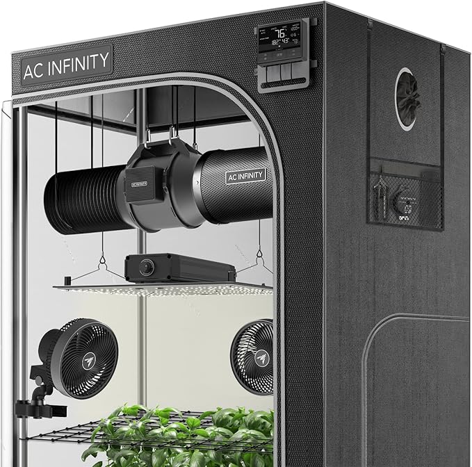 AC Infinity Advance Grow System 4x4 4-Plant Kit WiFi-Integrated Grow Tent Kit Automate Ventilation Circulation Schedule Full Spectrum Samsung LM301H LED Grow Light 2000D Mylar Tent
