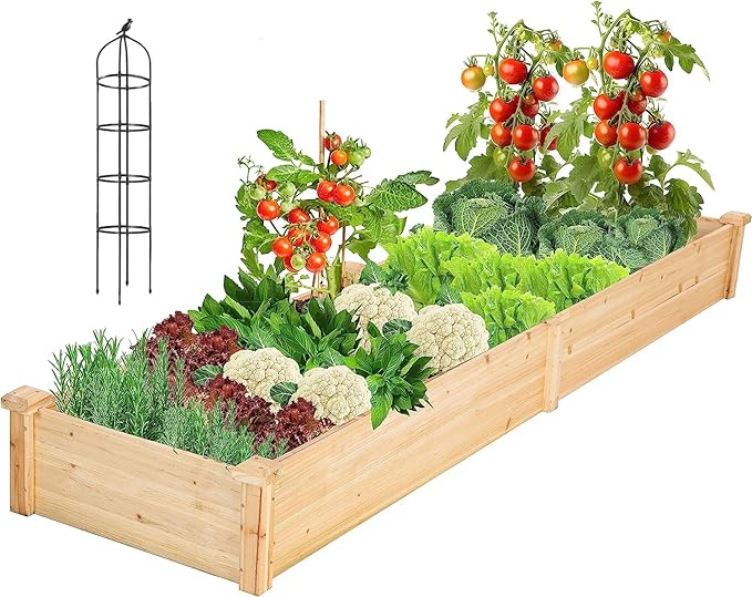 IDZO Combo Raised Garden Bed with Wax Oil Coated 96 Inches Wood Planter with Non-Woven Lining + Metal Obelisk Trellis for Climbing Plants