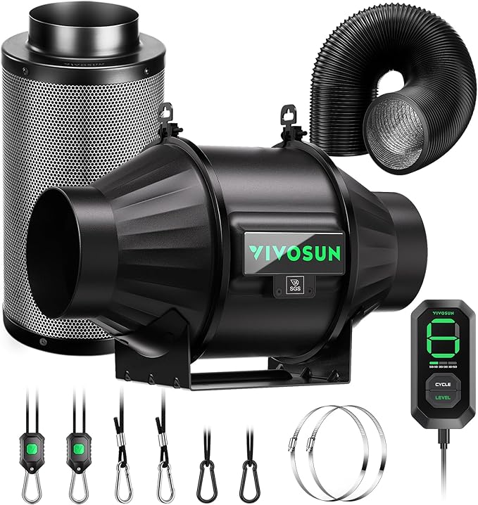 VIVOSUN Smart Air Filtration T4 Kit 4 AeroZesh T4 Inline Duct Fan with E12 Speed Controller Carbon Filter &amp 8' Ducting Cooling &amp Ventilation System for Grow Tents Indoor Gardening Hydrop