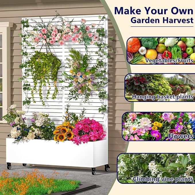 Metal Planter Box with Trellis72x47x16Galvanized Steel Outdoor Raised Garden Bed with Privacy Screenwith Drainage Holes &amp Lockable Casters for Climbing PlantsVegetablesand Vines(WHITE-BYC)
