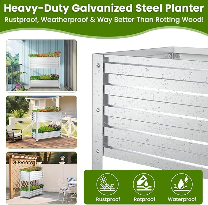 2-Tier Galvanized Raised Garden Bed with Legs 36x16x36 Metal Elevated Planter Box (12 Top/8 Bottom Depth) 500LB Capacity for Vegetables Herbs Leafy Greens Flowers on Patio Yard