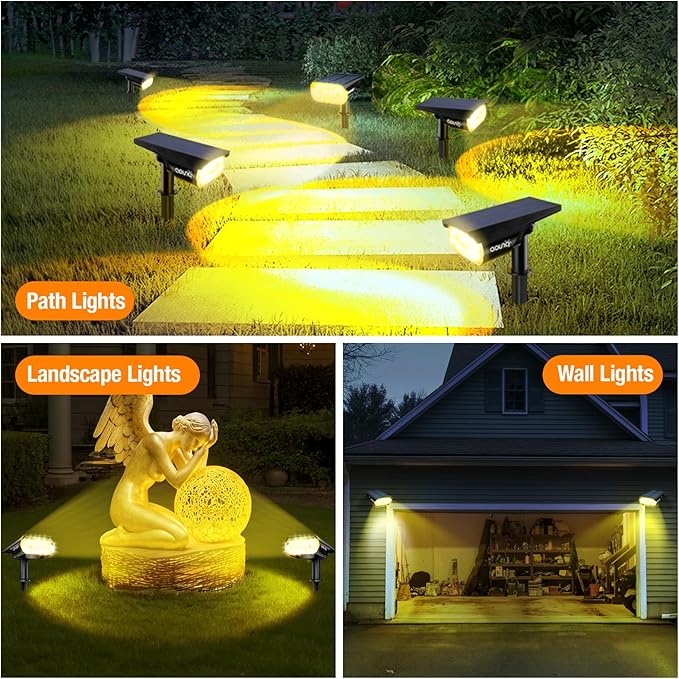 2 Pack Solar Spot Lights Outdoor 1000 Lumens 64 LEDs IP67 Waterproof Landscape Lighting with 4 Modes - 2-in-1 Solar Spotlight &amp Pathway Light for Garden Yard Patio Decor Warm White