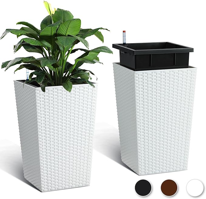 IDEALHOUSE 16 in Self-Watering Planters Set of 2 Tall Rattan Indoor Outdoor Planter Pots with Water Level Monitor Drainage Holes &amp Inner Bucket for Home Patio Balcony White