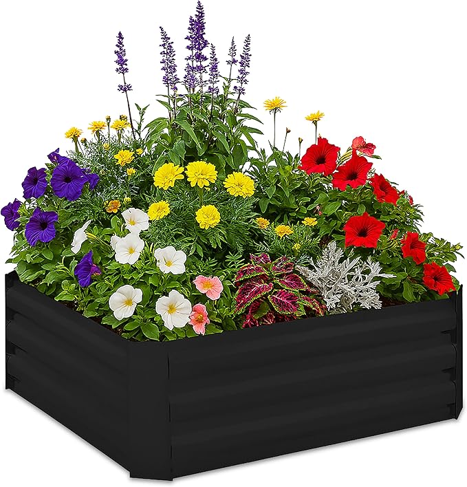 Relaxdays Raised Planter in Galvanised Iron Flower Bed for the Garden Plants Flowers HxWxD: 30 x 90 x 90 cm Black