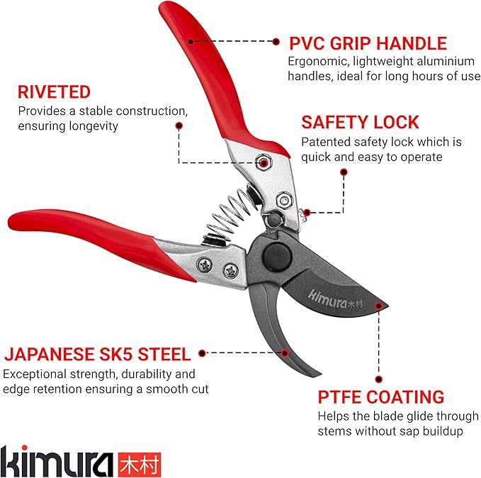 Kimura® 8 Pro Bypass Pruning Shears Heavy Duty Japanese SK5 Steel Blades 1 inch Cut Capacity Non-Slip PVC Coated Handles Lightweight &amp Ergonomic Japanese Pruners Professional Garden Clipper