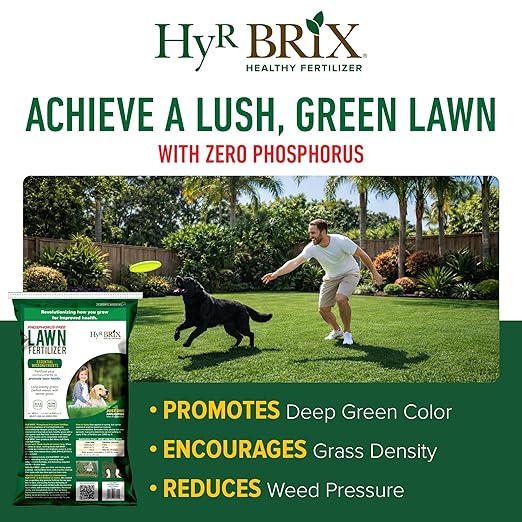 HyR BRIX Slow-Release 20-0-8 Phosphorus-Free Lawn Fertilizer 45lb Bag - Lawn Food with Calcium &amp Sulfur - Essential Micronutrients for Dense Healthy Grass - Covers 4000 Sq Ft