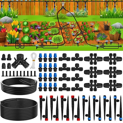 200FT Quick-Connect Drip Irrigation System Automatic Irrigation Kit with 2/5 &amp 1/4 Tubing and Adjustable Drip Emitters Garden Watering System for Lawn Flower Bed Greenhouse