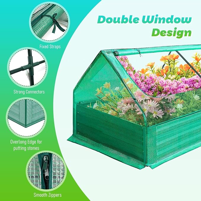 Portable Raised Garden Bed with Mini Greenhouse 6 x 3 x 1 FT Galvanized Metal Planter Box with 2 Roll-up Zipper Windows PE Cover for Ventilation Small Greenhouse for Outside Flower Herb Garden