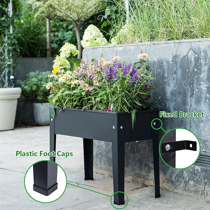Piksedo Raised Garden Bed Elevated Planter Metal Plant Box with Legs Standing Garden Stand Drainage Holes Frosted Black