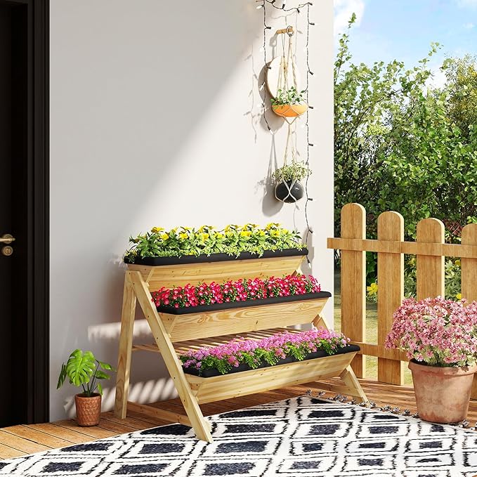 HAPPYGRILL 3-Tier Wooden Raised Garden Bed Elevated Planter Box Kit with Legs &amp Liners for Flower Herb Vegetable Indoor Outdoor Vertical Raised Bed for Gardening Patio Balcony Greenhouse
