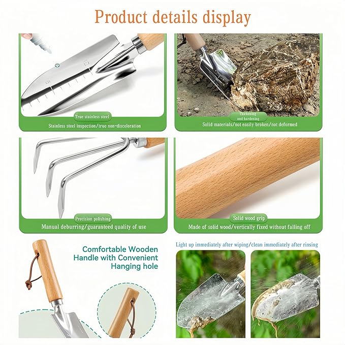 Personalized Garden Tools Set with Wooden Handles 3-Piece Set with Trowel Rake and Shovel Custom Engraved Gardening Gift for Mom Wife Grandmother - Includes Shovel Rake &amp Trowel Complete Se