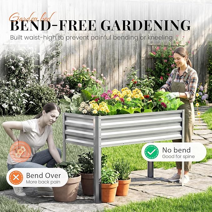 KING BIRD Large Raised Garden Bed with Legs Galvanized Elevated Planter Box 48×24×32 in for Backyard Patio Balcony 400lb Capacity Silver 2pcs