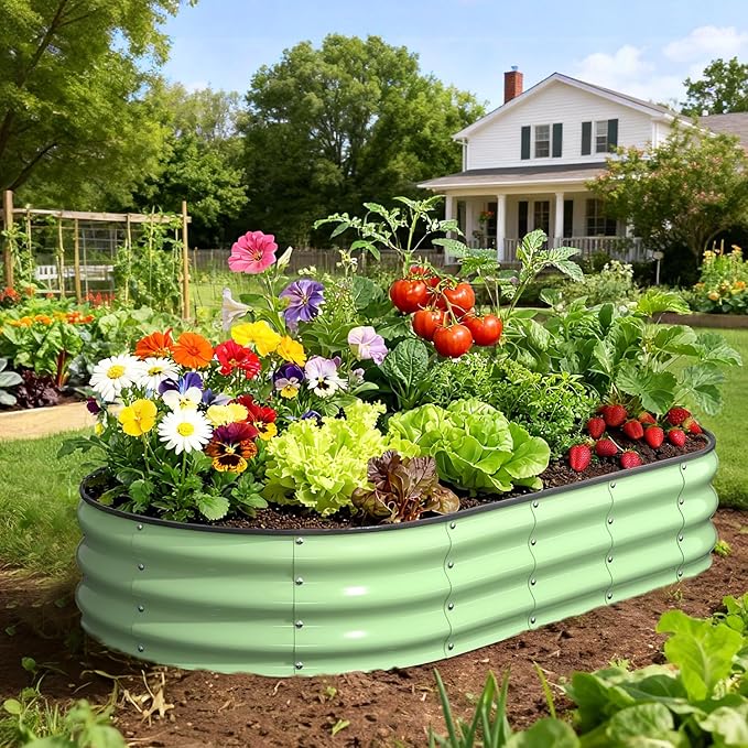 Raised Garden Bed 6×3×1 FT Galvanized Raised Planter Box Oval Vegetable Planting Container with Safety Edge Trim Fruit Green for Backyard Fence Line Side Yard Family Gardening