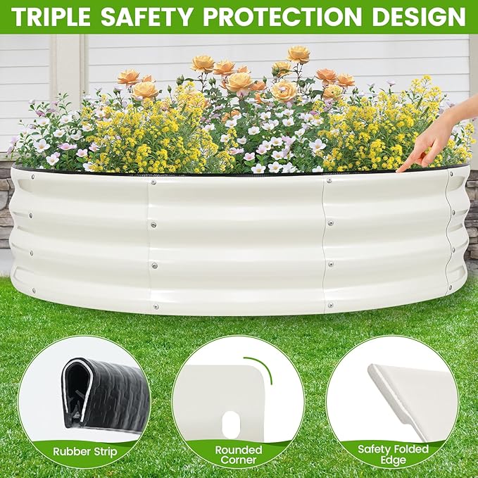 Galvanized Raised Garden Bed Outdoor 2Pcs | 4x4x1ft Metal Raised Beds for Gardening with Safety Rubber Strip | Round Planter Box for Plants Like Vegetables Fruits Flowers White