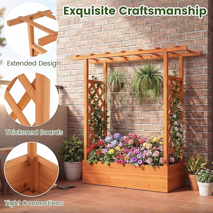 S AFSTAR Raised Garden Bed with Trellis 2 Pieces Fir Wood Planter Box with Flat Roof &amp Drainage Holes Vertical Planter Raised Bed for Climbing Plants Flowers &amp Vegetables 43 x 14 x 45 (