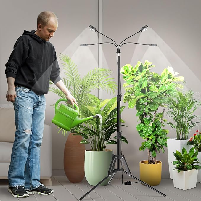 SANSI Grow Lights for Indoor Plants 4 Head Dimmable Plant Lights for Indoor Growing 40W 35-65 Adjustable Standing Plant Grow Lights Indoor Tripod Auto On/Off Timer Grow Light