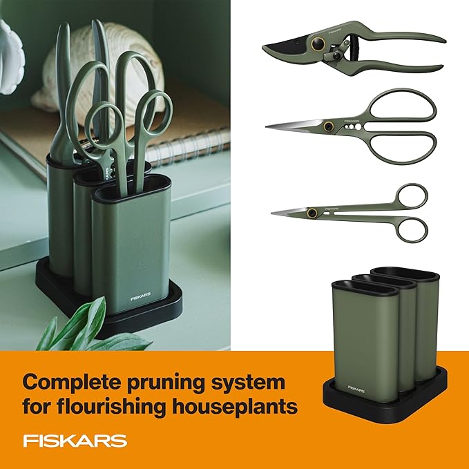 Fiskars Indoor Plant Care 3-Piece Set Precision Gardening Tools with Nesting Storage Caddy Detail Snips Stem Shears &amp Bypass Pruner for Trimming &amp Shaping Houseplants Stainless Steel Blade