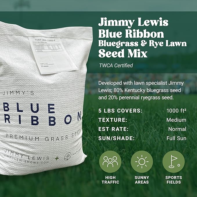 Nature’s Seed Jimmy's Blue Ribbon Mix Kentucky Bluegrass and Perennial Ryegrass Grass Seed Blend High-Traffic for Garden Lawn Yard 5 lbs