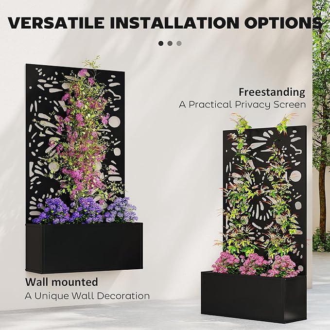 Outsunny Metal Raised Garden Bed with Trellis for Climbing Plants Freestanding or Wall Mounted Flower Bed with Privacy Panel Butterfly Cut-Out Outdoor Planter Box for Garden Patio Balcony