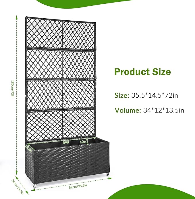 GENMOUS 72in/5.9ft Metal Raised Garden Bed with Trellis Planter Box Trellis with Wheels for Vine Climbing Plants Trellis with Drainage Holes for Flowers Vegetables in Garden Patio Balcony （Black）