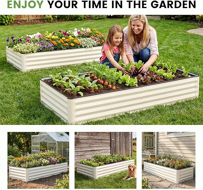 INNO STAGE Galvanized Raised Garden Bed Kits 6x3x1ft Metal Raised Garden Beds Outdoor Large Steel Raised Planter Bed with Gloves for Vegetables &amp Flowers Patio Ground Planter Box (White 2PCS)