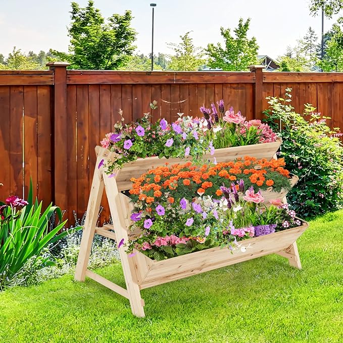 Giantex Raised Garden Bed Vertical Planter with Storage Shelf 3 Tier Elevated Planter Box with Side Hooks Indoor Outdoor Wood Garden Bed for Balcony Garden Lawn (Natural)