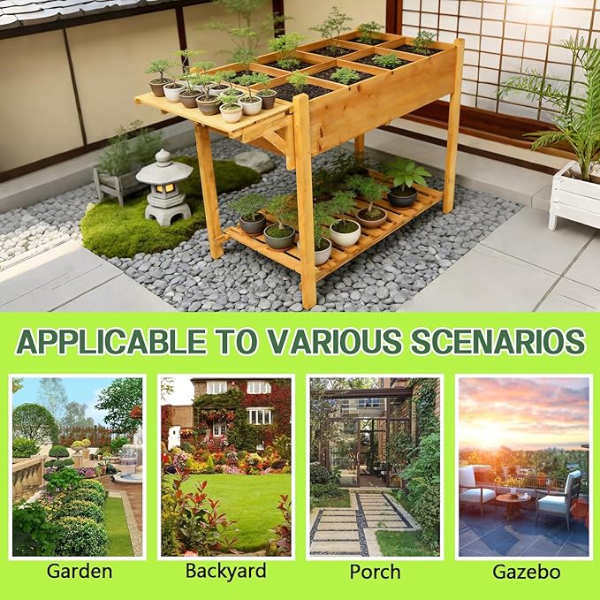 8 Pockets Horticulture Raised Garden Bed Elevated Wood Planter Box Stand with Foldable Side Table and Storage Shelf for Herb/Vegetables/Flowers (49 L x22 W x32 H)
