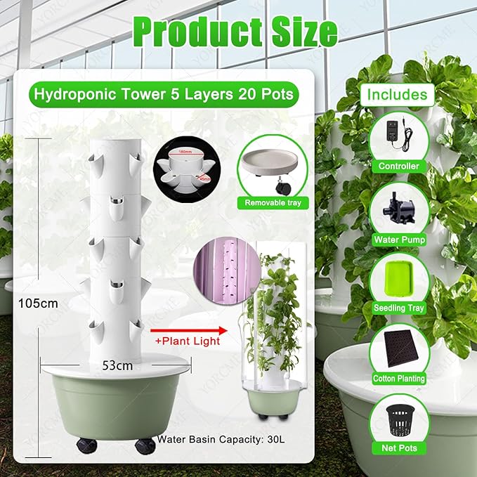 Patio Grow ColumnHydroponic Growing Systems Vertical Hydroponic Tower with Controller Garden Hydroponic Towerfor Indoor and Outdoor Use C(20Pots)