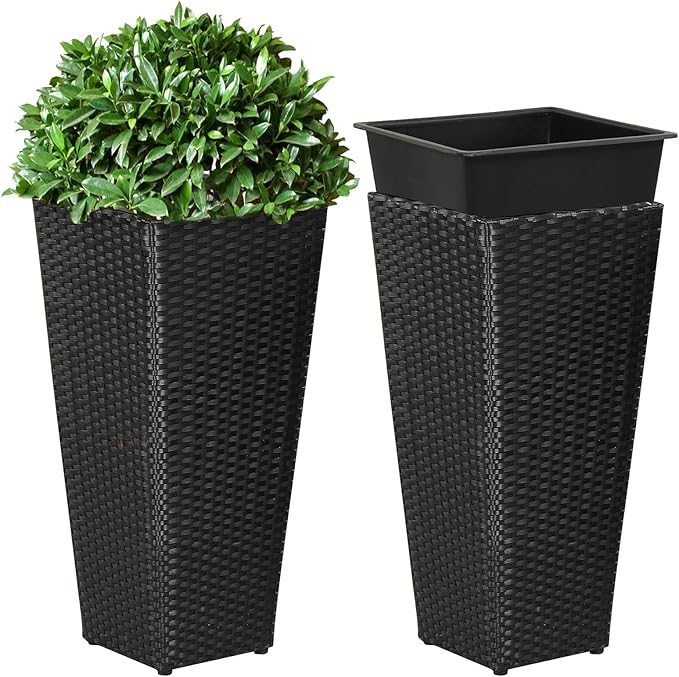 Giantex Tall Planters Set of 2 24”H Tapered Rattan Planter with Detachable Inner Boxes Indoor Outdoor Standing Wicker Flower Pots for Front Porch Patio Balcony Black