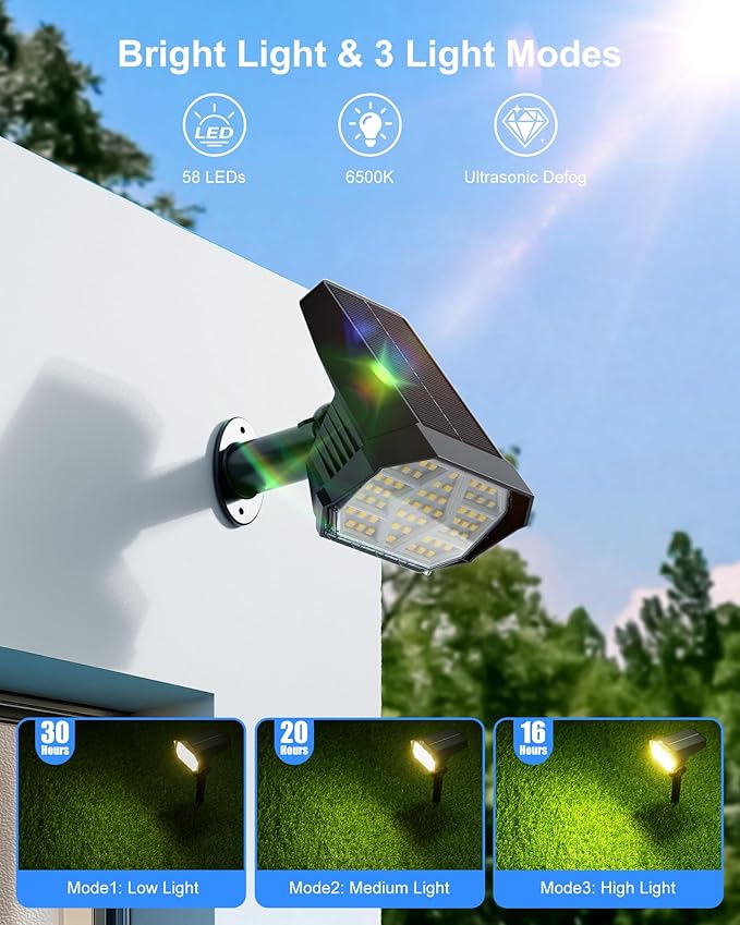 Brightown Solar Lights Outdoor with 58 LED &amp Auto ON/Off IP67 Solar Spot Lights Outdoor with 3 Light Intensities. 2-in-1 Outdoor Solar Lights for Yard Gardens Flag and Pathways. 4Pcs (Warm Whit