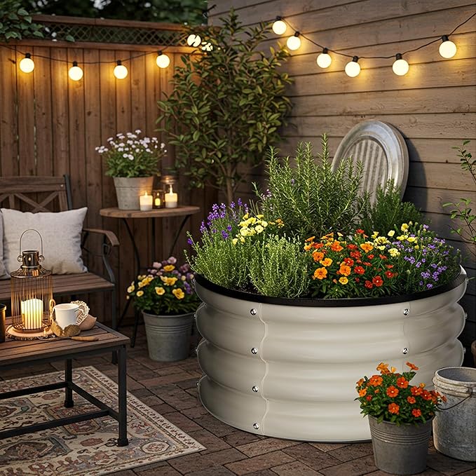 ZXZYHFTY Round Galvanized Raised Garden Bed kitWhite Outdoor Garden Raised Planter Box Round Large Metal Raised Garden Beds for Vegetable 2 * 2 * 1ft 3 Pcs