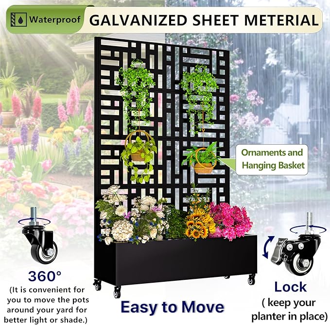 Metal Planter Box with Trellis72x47x16Galvanized Steel Outdoor Raised Garden Bed with Privacy Screenwith Drainage Holes &amp Lockable Casters for Climbing PlantsVegetablesand Vines(Black-JD)