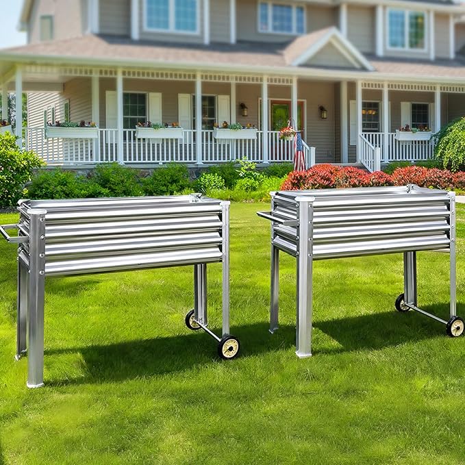 Land Guard 2 Pack Galvanized Raised Garden Bed with Legs &amp Wheels 36×12×32in Metal Elevated Raised Planter Box for Backyard Patio Balcony 300lb Capacity Silver