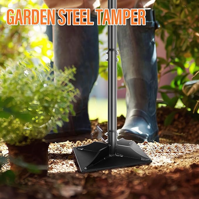 Garden Steel Tamper with 45 Inch Handle Hand Ground Tamper Tool Durable Plate Soil Compactor Garden Heavy Duty Ideal Tool for Leveling Soil Gravel Asphalt Driveway