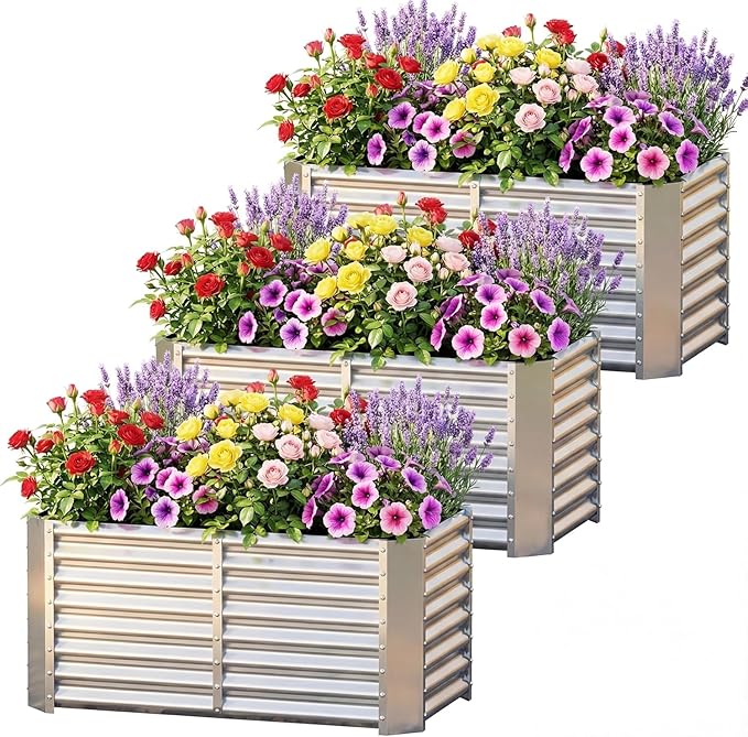 AHEONLAR 3 Pack 4×2×2ft Galvanized Raised Garden Beds Rectangle Durable Planter Boxes Outdoor for Vegetables Fruits Flowers and Plants Quick Assembly Silver