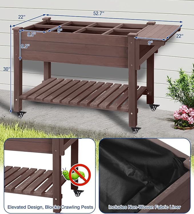 Raised Garden Bed Outdoor with Wheels 52.7 Elevated Wooden Garden Bed with 8 Planter Boxes Removable Dividers Storage Shelf Standing Mobile Planter with Non-Woven Liner