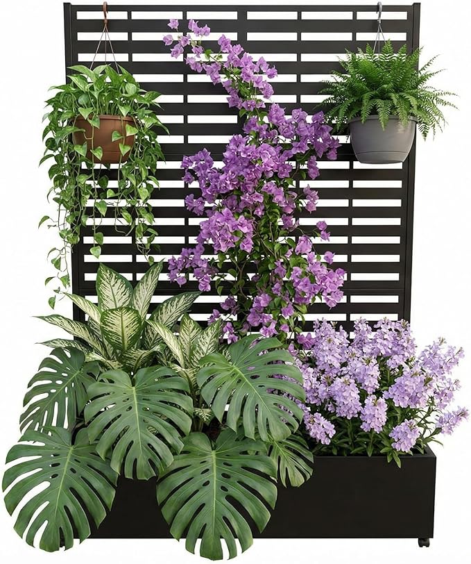 Metal Raised Garden Bed with Trellis &amp Privacy Screen 71.5x47x16 Galvanized Metal Planter Box with Wheels &amp Drainage Holes for Patio Balcony Climbing Plants Flowers Vegetable Black
