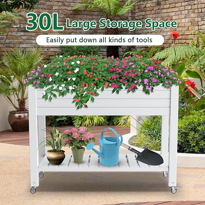 Mobile Raised Garden Bed with Lower Storage Shelf &amp Lockable Wheels Elevated Planter Box with Drainage Durable Eco-Friendly Material for Patio Balcony Yard (Ashen43.31*17.72*33.66)